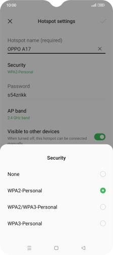 Press WPA3-Personal to password protect your Wi-Fi hotspot. Press WPA3-Personal to password protect your Wi-Fi hotspot.