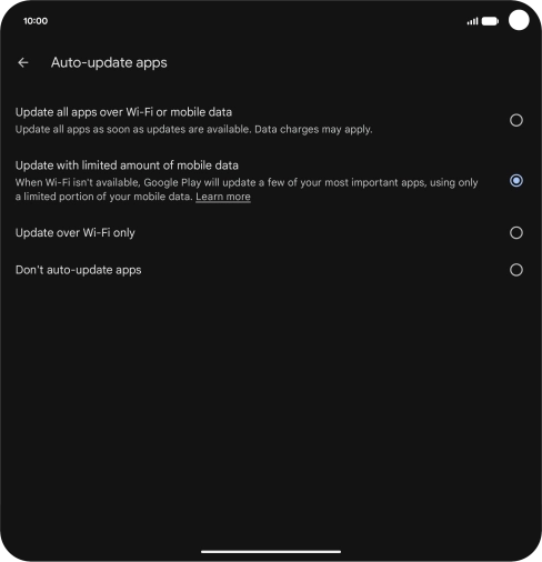 To turn on automatic update of apps using mobile network, press Update all apps over Wi-Fi or mobile data. To turn on automatic update of apps using mobile network, press Update all apps over Wi-Fi or mobile data.