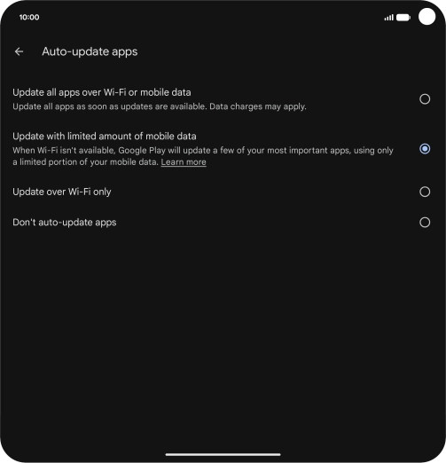 To turn on automatic update of apps using mobile network, press Update all apps over Wi-Fi or mobile data. To turn on automatic update of apps using mobile network, press Update all apps over Wi-Fi or mobile data.