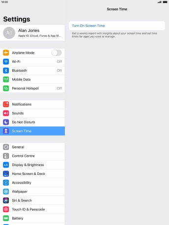 Press Turn On Screen Time. Press Turn On Screen Time.