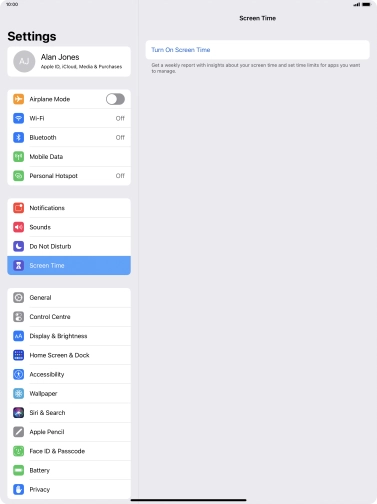 Press Turn On Screen Time. Press Turn On Screen Time.