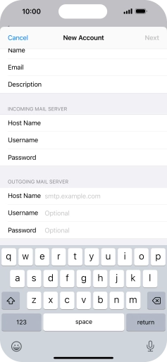 Press Host Name and key in the name of your email provider's outgoing server. Press Host Name and key in the name of your email provider's outgoing server.