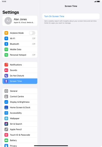 Press Turn On Screen Time. Press Turn On Screen Time.