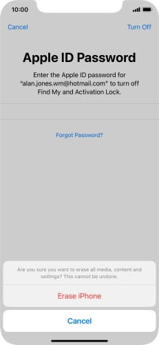 Key in the password for your Apple ID and press Erase iPhone. Wait a moment while the factory default settings are restored. Follow the instructions on the screen to set up your phone and prepare it for use. Key in the password for your Apple ID and press Erase iPhone. Wait a moment while the factory default settings are restored. Follow the instructions on the screen to set up your phone and prepare it for use.
