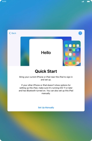 Follow the instructions on the screen to transfer content from another device running iOS 11 or later or press Set Up Manually. Follow the instructions on the screen to transfer content from another device running iOS 11 or later or press Set Up Manually.