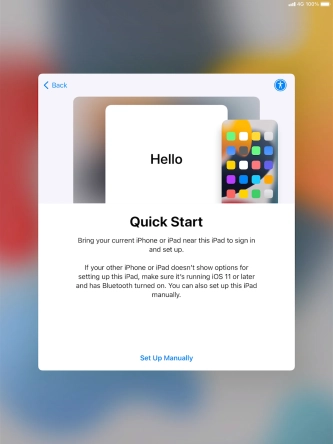 Follow the instructions on the screen to transfer content from another device running iOS 11 or later or press Set Up Manually. Follow the instructions on the screen to transfer content from another device running iOS 11 or later or press Set Up Manually.