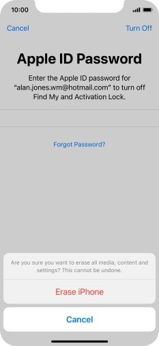 Key in the password for your Apple ID and press Erase iPhone. Wait a moment while the factory default settings are restored. Follow the instructions on the screen to set up your phone and prepare it for use. Key in the password for your Apple ID and press Erase iPhone. Wait a moment while the factory default settings are restored. Follow the instructions on the screen to set up your phone and prepare it for use.