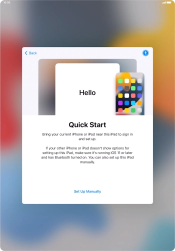 Follow the instructions on the screen to transfer content from another device running iOS 11 or later or press Set Up Manually. Follow the instructions on the screen to transfer content from another device running iOS 11 or later or press Set Up Manually.