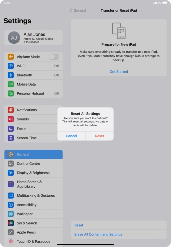 Press Reset. Wait a moment while the factory default settings are restored. Follow the instructions on the screen to set up your tablet and prepare it for use. Press Reset. Wait a moment while the factory default settings are restored. Follow the instructions on the screen to set up your tablet and prepare it for use.