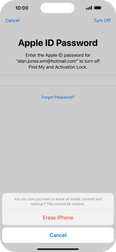 Key in the password for your Apple ID and press Erase iPhone. Wait a moment while the factory default settings are restored. Follow the instructions on the screen to set up your phone and prepare it for use. Key in the password for your Apple ID and press Erase iPhone. Wait a moment while the factory default settings are restored. Follow the instructions on the screen to set up your phone and prepare it for use.