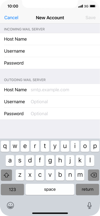 Press Host Name and key in the name of your email provider's outgoing server. Press Host Name and key in the name of your email provider's outgoing server.
