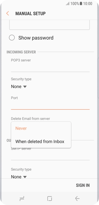 Press Never to keep email messages on the server when you delete them on your phone. Press Never to keep email messages on the server when you delete them on your phone.