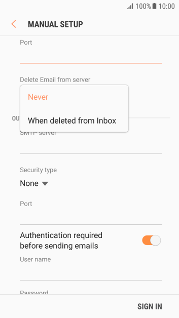 Press Never to keep email messages on the server when you delete them on your phone. Press Never to keep email messages on the server when you delete them on your phone.