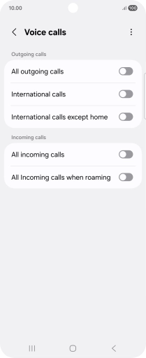 Press the indicator next to the required barring type to turn the function on or off. Press the indicator next to the required barring type to turn the function on or off.