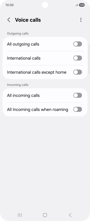 Press the indicator next to the required barring type to turn the function on or off. Press the indicator next to the required barring type to turn the function on or off.