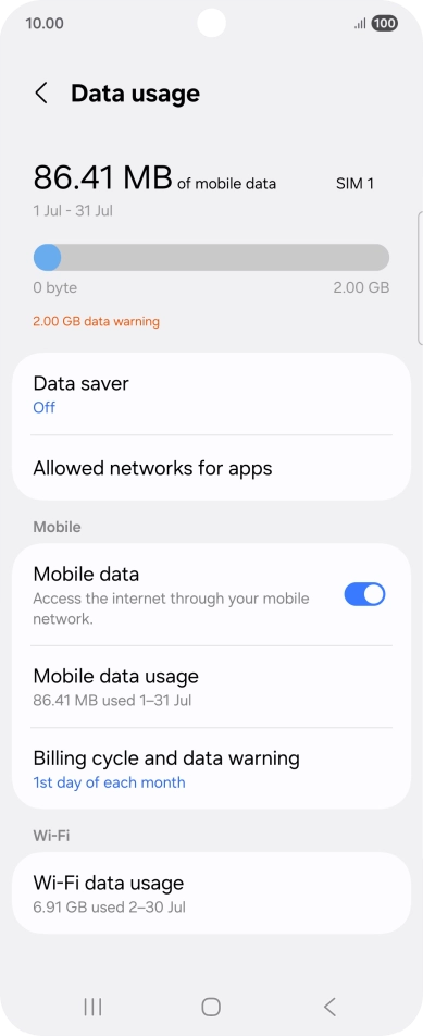 The total data usage is displayed. The total data usage is displayed.