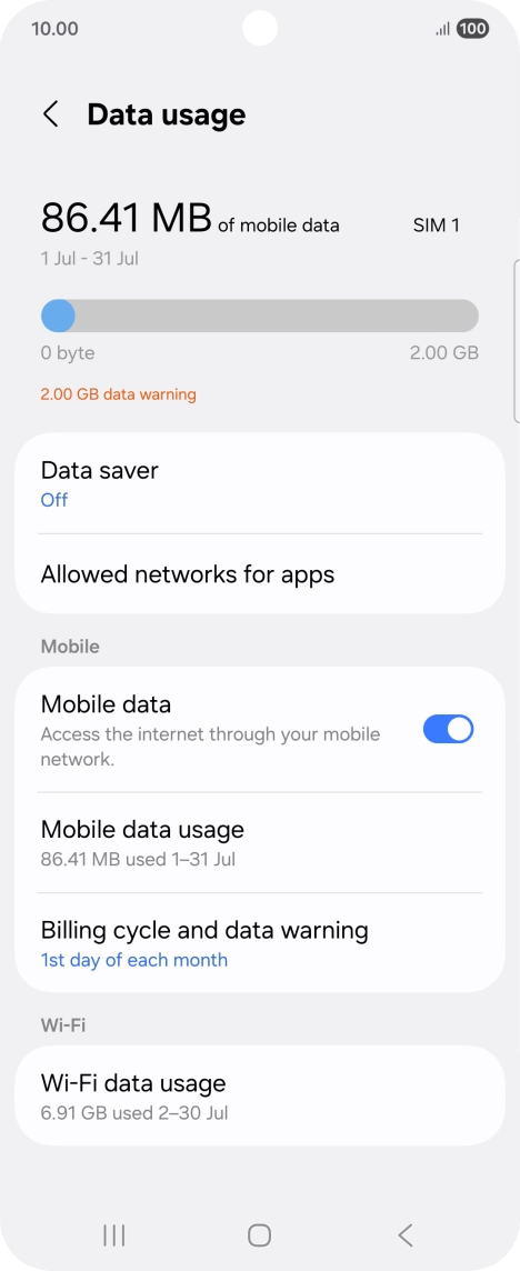 The total data usage is displayed. The total data usage is displayed.