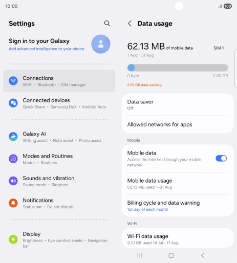 The total data usage is displayed. The total data usage is displayed.