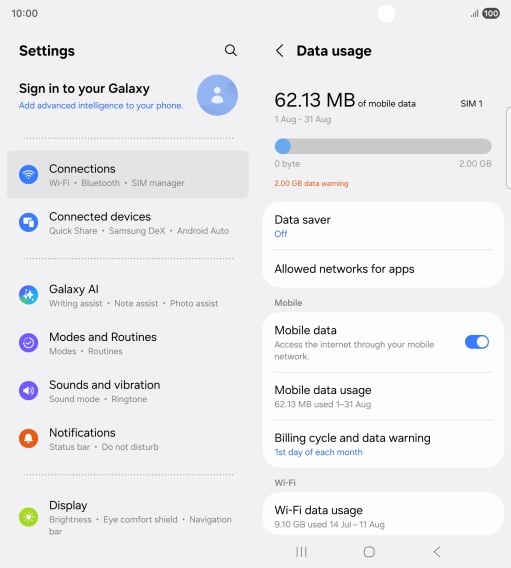 The total data usage is displayed. The total data usage is displayed.