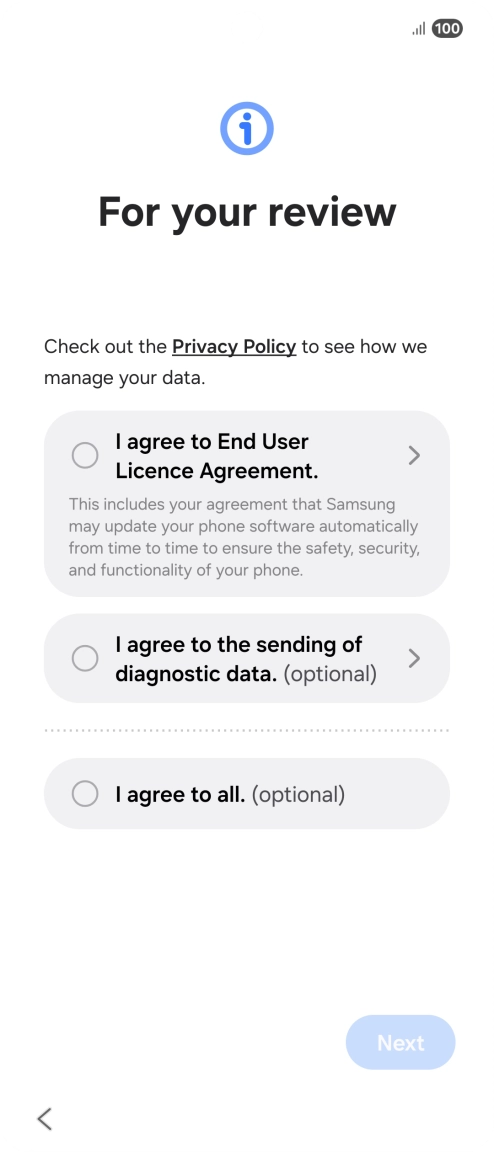 Press the fields next to the required settings to select them. Press the fields next to the required settings to select them.