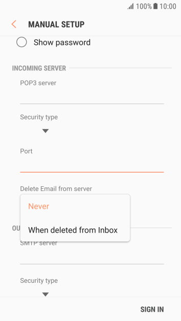 Press Never to keep email messages on the server when you delete them on your phone. Press Never to keep email messages on the server when you delete them on your phone.