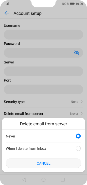 Press Never to keep email messages on the server when you delete them on your phone. Press Never to keep email messages on the server when you delete them on your phone.