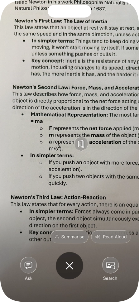 To use visual intelligence on a text, take a picture of the text, press the required setting and follow the instructions on the screen to use the function. To use visual intelligence on a text, take a picture of the text, press the required setting and follow the instructions on the screen to use the function.