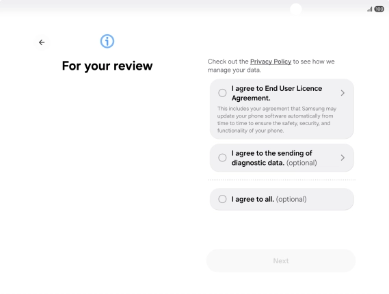 Press the fields next to the required settings to select them. Press the fields next to the required settings to select them.