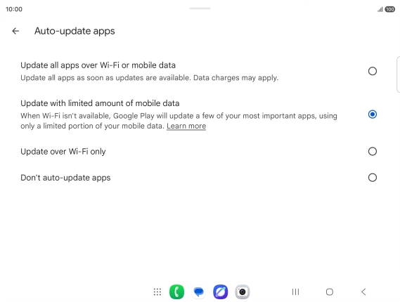 To turn on automatic update of apps using mobile network, press Update all apps over Wi-Fi or mobile data. To turn on automatic update of apps using mobile network, press Update all apps over Wi-Fi or mobile data.
