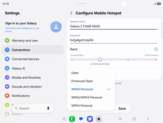 Press WPA3-Personal to password protect your Wi-Fi hotspot. Press WPA3-Personal to password protect your Wi-Fi hotspot.