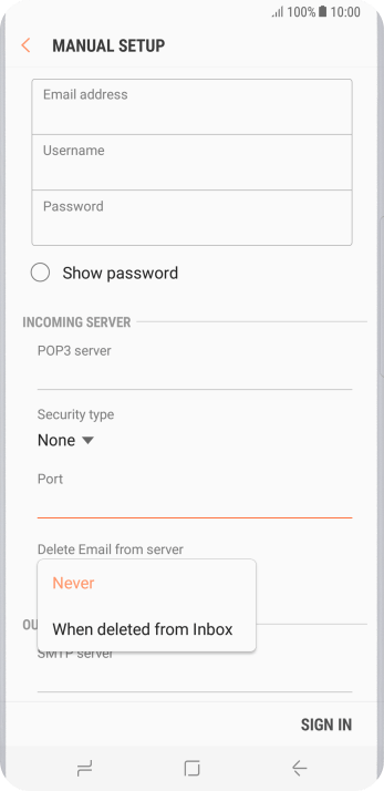 Press Never to keep email messages on the server when you delete them on your phone. Press Never to keep email messages on the server when you delete them on your phone.