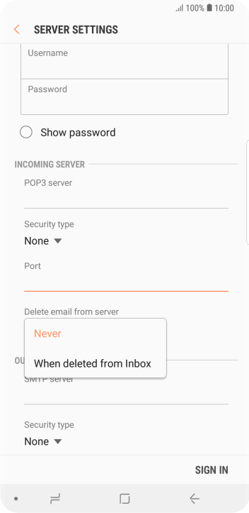 Press Never to keep email messages on the server when you delete them on your phone. Press Never to keep email messages on the server when you delete them on your phone.