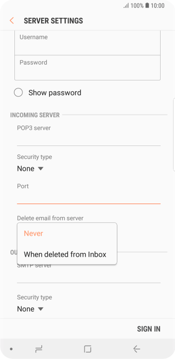 Press Never to keep email messages on the server when you delete them on your phone. Press Never to keep email messages on the server when you delete them on your phone.