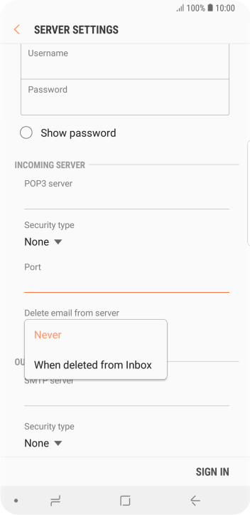 Press Never to keep email messages on the server when you delete them on your phone. Press Never to keep email messages on the server when you delete them on your phone.