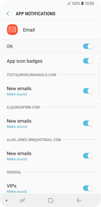 Press the indicator below the required email account to turn the function on or off. Press the indicator below the required email account to turn the function on or off.