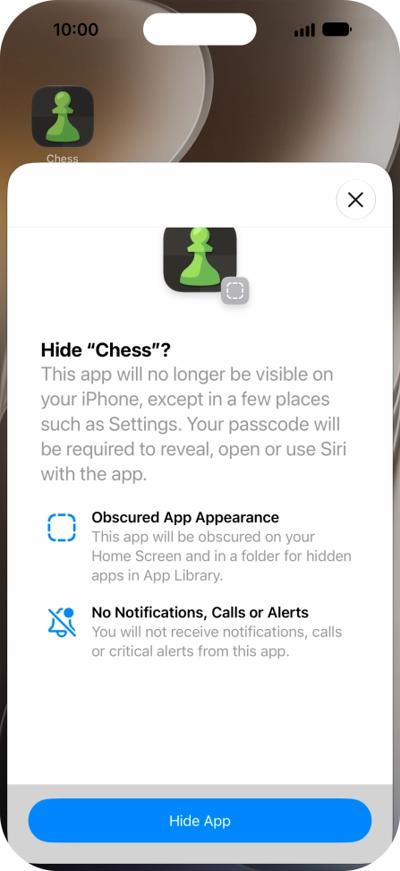 Press Hide App. Press Hide App.