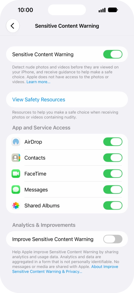 Press the indicators next to the required applications to turn the function on or off. Press the indicators next to the required applications to turn the function on or off.