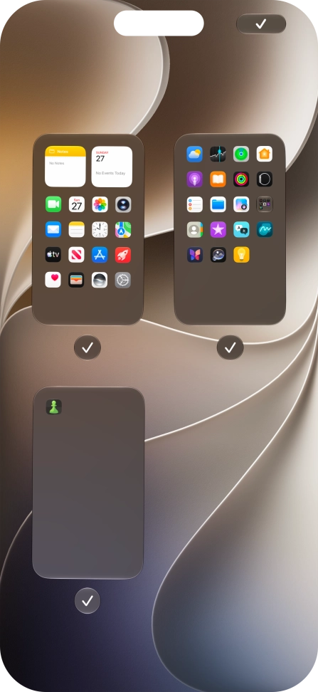 Press the field below the required home screen page to turn page view on or off. Press the field below the required home screen page to turn page view on or off.