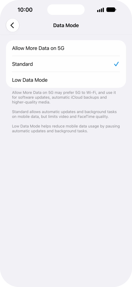 Press the required setting. Press the required setting.