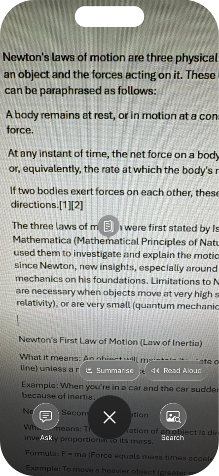To use visual intelligence on a text, take a picture of the text, press the required setting and follow the instructions on the screen to use the function. To use visual intelligence on a text, take a picture of the text, press the required setting and follow the instructions on the screen to use the function.