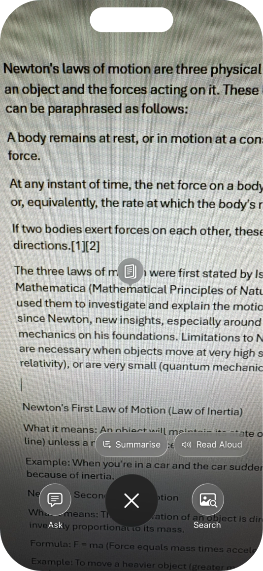To use visual intelligence on a text, take a picture of the text, press the required setting and follow the instructions on the screen to use the function. To use visual intelligence on a text, take a picture of the text, press the required setting and follow the instructions on the screen to use the function.