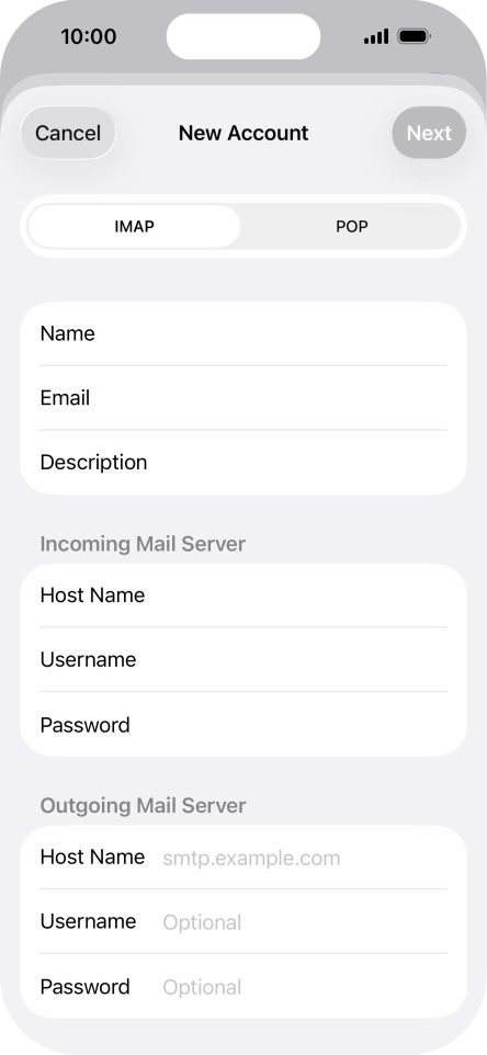 Press Host Name and key in the name of your email provider's outgoing server. Press Host Name and key in the name of your email provider's outgoing server.