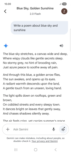 You can ask Gemini to generate a text based on your description. You can ask Gemini to generate a text based on your description.