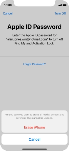 Key in the password for your Apple ID and press Erase iPhone. Wait a moment while the factory default settings are restored. Follow the instructions on the screen to set up your phone and prepare it for use. Key in the password for your Apple ID and press Erase iPhone. Wait a moment while the factory default settings are restored. Follow the instructions on the screen to set up your phone and prepare it for use.