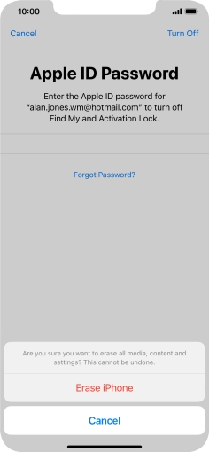 Key in the password for your Apple ID and press Erase iPhone. Wait a moment while the factory default settings are restored. Follow the instructions on the screen to set up your phone and prepare it for use. Key in the password for your Apple ID and press Erase iPhone. Wait a moment while the factory default settings are restored. Follow the instructions on the screen to set up your phone and prepare it for use.