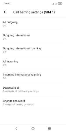 Press the required barring type to turn the function on or off. Press the required barring type to turn the function on or off.