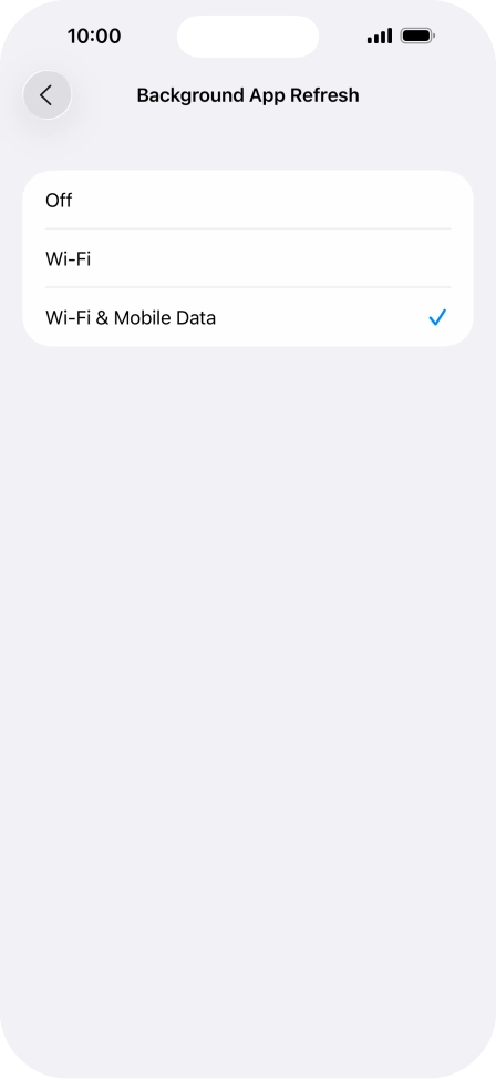 To turn off background refresh of apps, press Off. To turn off background refresh of apps, press Off.