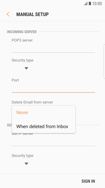 Press Never to keep email messages on the server when you delete them on your phone. Press Never to keep email messages on the server when you delete them on your phone.