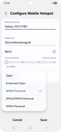 Press WPA3-Personal to password protect your Wi-Fi hotspot. Press WPA3-Personal to password protect your Wi-Fi hotspot.