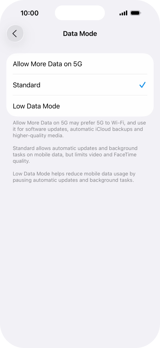 Press the required setting. Press the required setting.